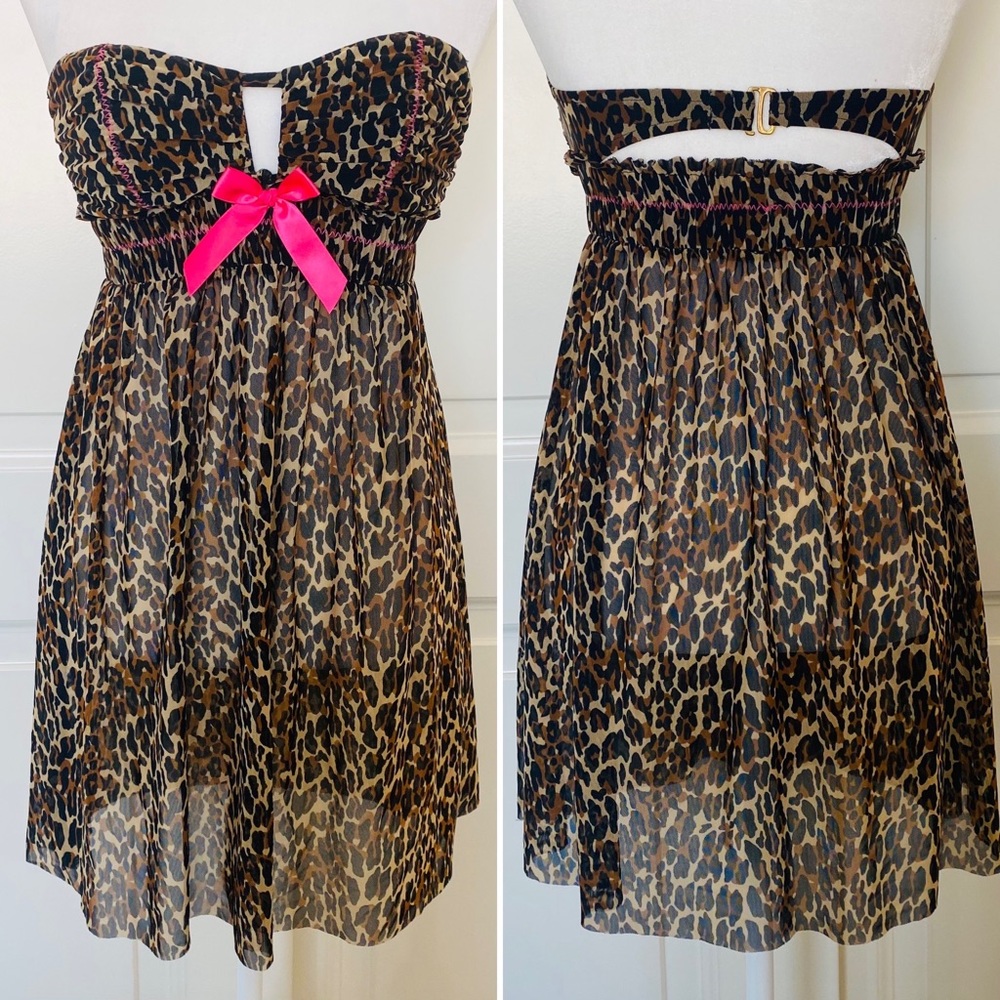 Betsey Johnson Strapless Leopard Print Chiffon Dress with Hot Pink Bow